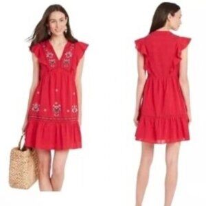 Knox Rose Bonfire Deep V Empire Waist Embroidered Midi Dress Red Size Large